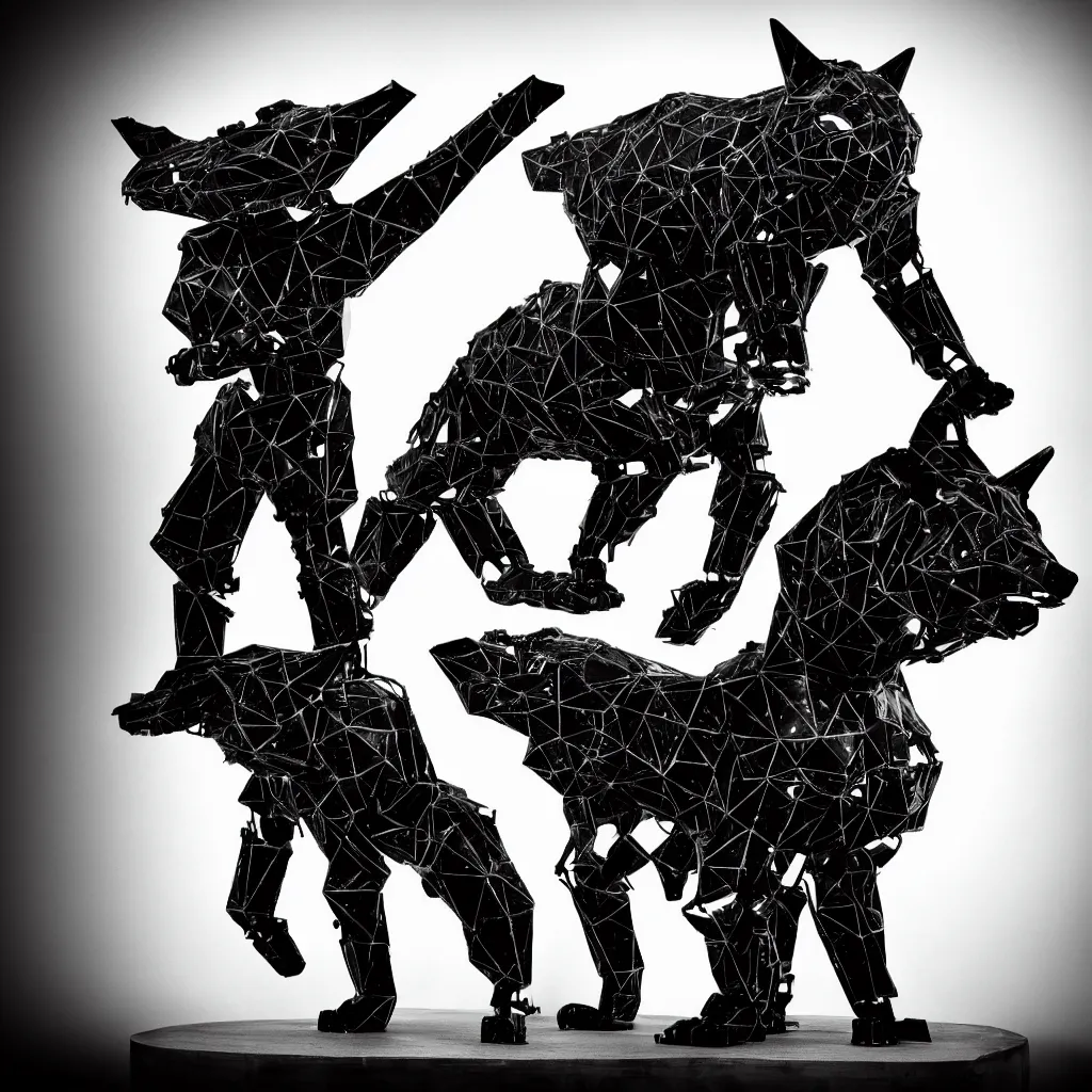 Prompt: rare classified photo, black & white, studio lighting, brightly lit room, standing low poly fox bear, cyborg, hybrid, wood and metal, steampunk
