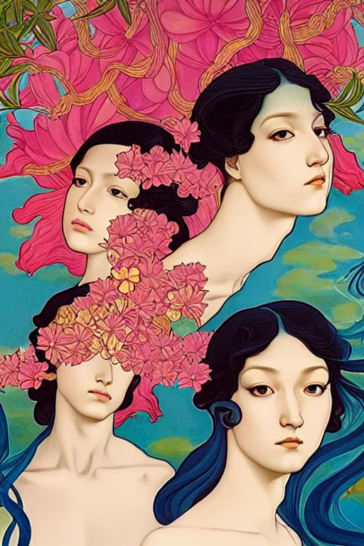 Image similar to 3 Summer Deities, (representing the 3 months June, July, and August), in a style blending Æon Flux, Peter Chung, Shepard Fairey, Botticelli, Ivan Bolivian, and John Singer Sargent, inspired by pre-raphaelite paintings, shoujo manga, and cool Japanese street fashion, dramatically lush flora and fauna, warm vivid high contrast color scheme, hyper detailed, super fine inking lines, ethereal and otherworldly, 4K extremely photorealistic, Arnold render