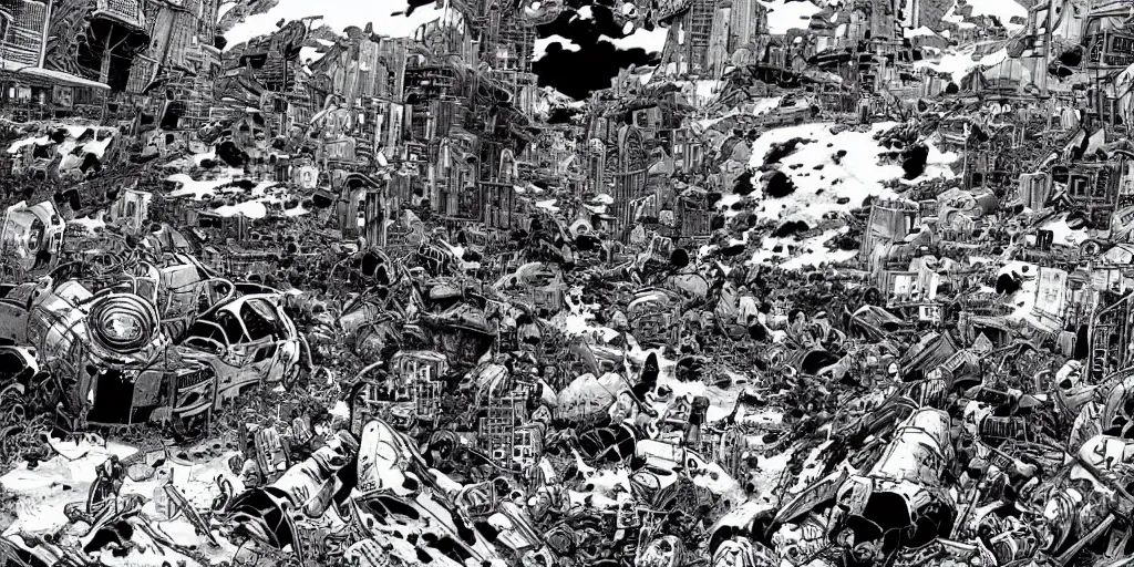 Prompt: Black and white drawing by Yukito Kishiro of a post-apocalyptic wasteland