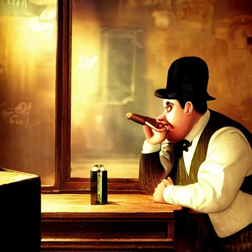 Image similar to chubby cartoon duck detective smoking cigar in 1 9 2 0's prohibition era attire in a chicago speakeasy. depth of field, zeiss lens, detailed, asymmetrical, breathtaking, 8 k resolution, extremely detailed, beautiful, establishing shot, artistic, hyperrealistic, beautiful face, octane render, by victor hugo