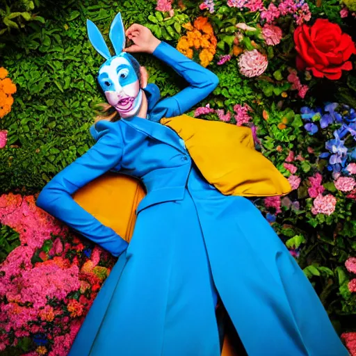 Image similar to a super model wearing a blue suit and a bunny mask, looking feminine and fierce , in the middle of a colorful garden, Alice in wonderland theme, detailed, cinematic lighting, photo in the style of Annie Leibovitz and David lachapelle and Steve meiele