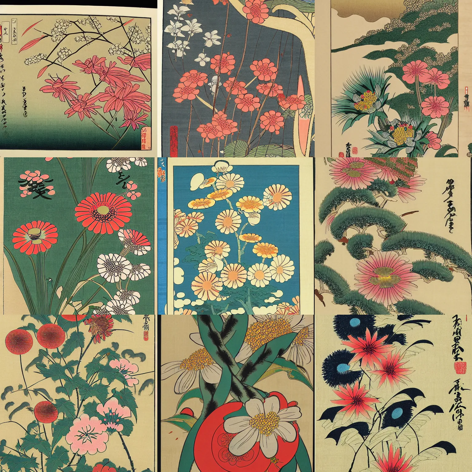 Prompt: beautifully detailed Ukiyo-e print of Japanese wildflowers, inspired by Utagawa Kuniyoshi. full color scheme