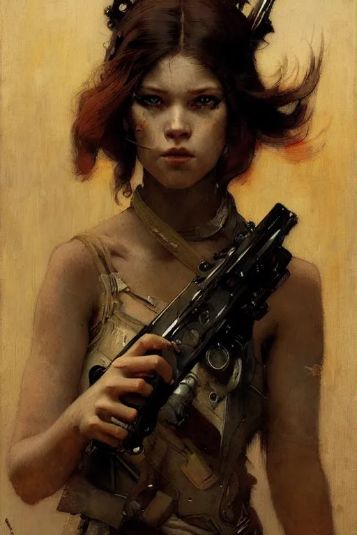 Prompt: portrait max mad cyberpunk, girl with a rifle character design, painting by gaston bussiere, katsuya terada, nc wyeth, greg rutkowski, craig mullins, vermeer, frank frazetta, tom of finland, trending on artstation, jeffery catherine jones