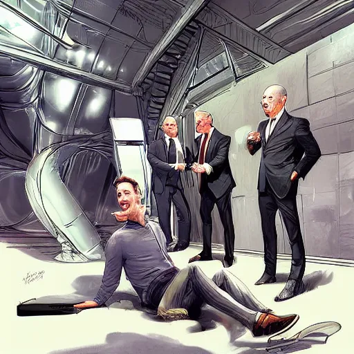 Image similar to cell shaded illustration of a meeting between elon musk, mark zuckerberg, jeff bezos, very detailled, art contest winner on behance, trendy on deviant art, by by artgem, greg rutkowski, by greg tocchini, by joe fenton