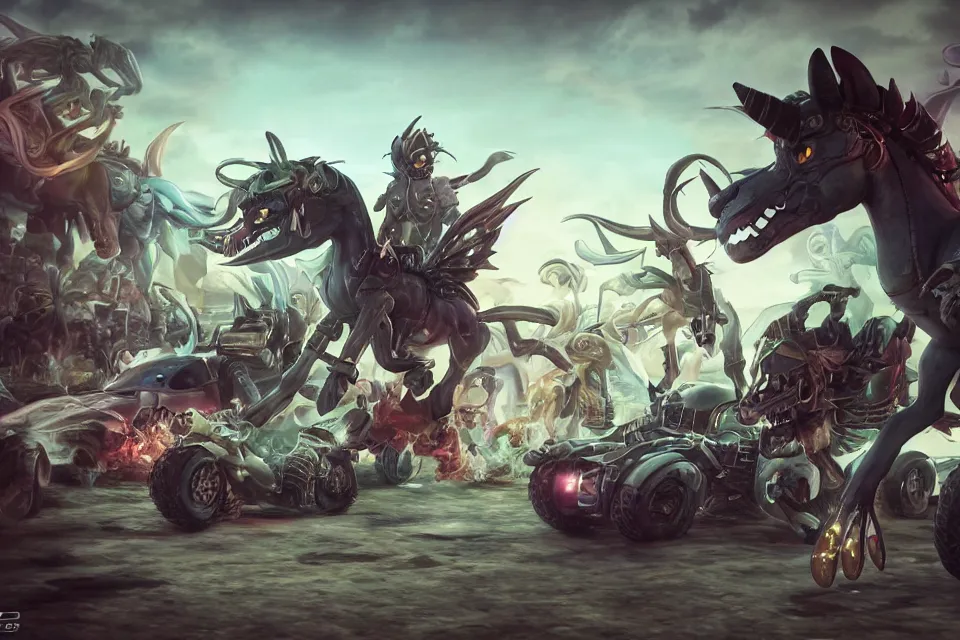 Prompt: My Little Pony As Demons From Hell, creatures with tanks, motorcycles, and advanced technology, in a beachfront environment, luxury concept cars in background, beautiful aesthetic, photorealistic, hyperrealistic, octane render, HDR, IG Studios Anime Style