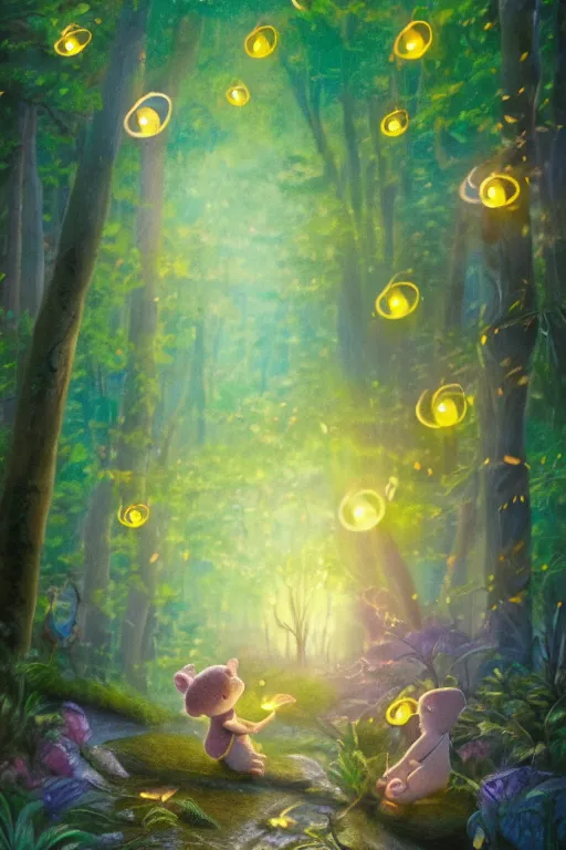 Image similar to Cute fireflies in a magical forest, oil canvas art by Basia tran fader, Katie Risor, Sandie Sonke and Maurice Sendak, 8k, ultra realistic , lens flare, atmosphere, glow, detailed,intricate, full of colour, cinematic lighting, trending on artstation, 4k, hyperrealistic, focused, extreme details,unreal engine 5, cinematic, masterpiece