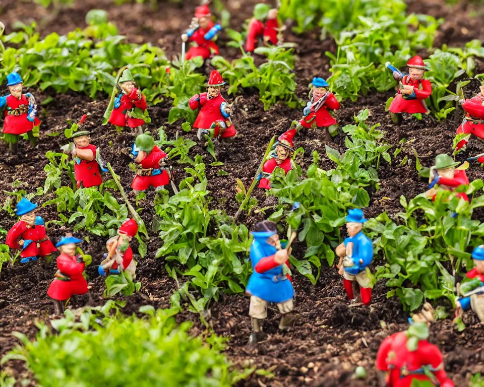 Image similar to close-up, hi-res photo of miniature tin soldiers standing amidst a colorful vegetable garden.