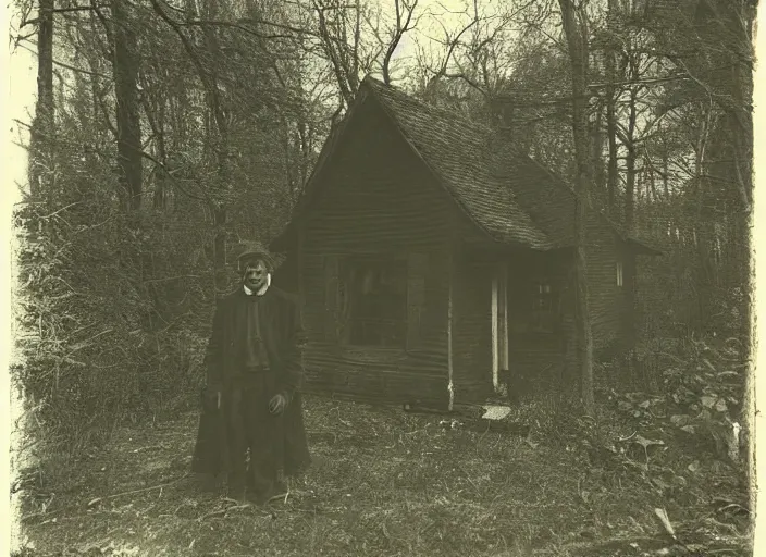 Prompt: sinister black and white old photography of a small house in the woods. a man standing still outside. daguerreotype photo