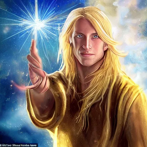 Prompt: a blond male wizard with long hair, fair skin, blue eyes, smiling, a tear falling from his eye, as he casts a spell that emanates golden light, impressionist style