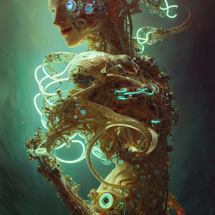 Image similar to organic cyborg, neon cuttle fish, diffuse lighting, fantasy, intricate, elegant, highly detailed, lifelike, photorealistic, digital painting, artstation, illustration, concept art, smooth, sharp focus, art by john collier and albert aublet and krenz cushart and artem demura and alphonse mucha