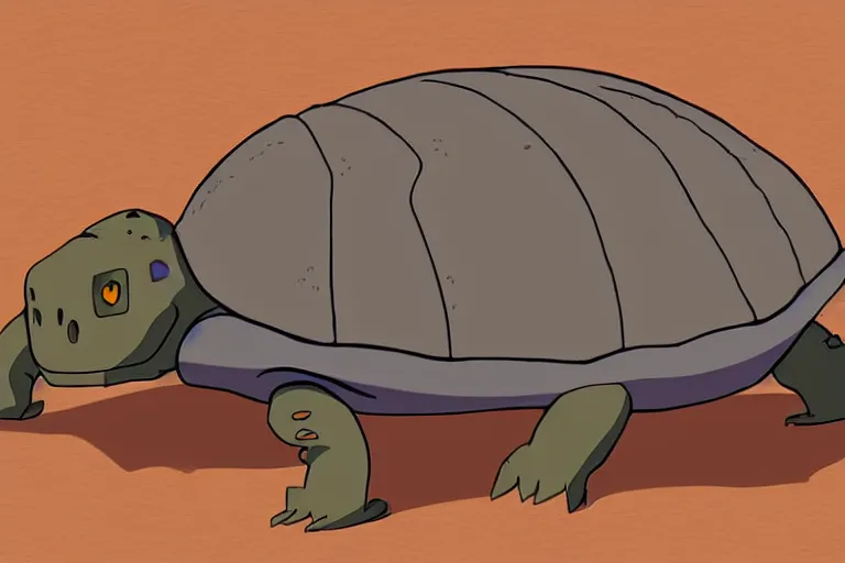 Image similar to a study of a cell shaded cartoon of a grey mechanized tortoise from howl's moving castle ( 2 0 0 4 ), on a desert road, full body, wide shot, very muted colors, post grunge, studio ghibli, laurie greasley, highly detailed, deviantart, art by artgem