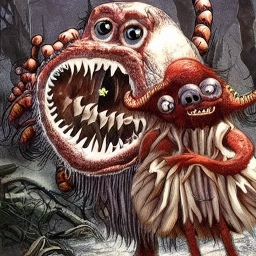 Image similar to elder worm with many teeth eating young children gritty