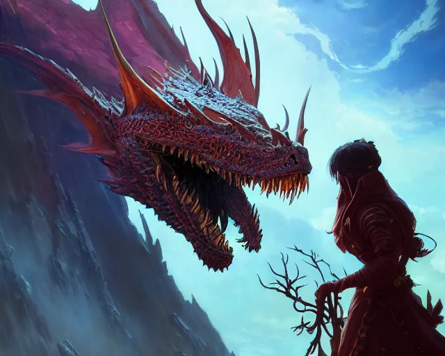 Image similar to highly detailed portrait of a fantasy dragon, in magic the gathering, stephen bliss, unreal engine, fantasy art by greg rutkowski, loish, rhads, ferdinand knab, makoto shinkai and lois van baarle, ilya kuvshinov, rossdraws, tom bagshaw, global illumination, radiant light, detailed and intricate environment