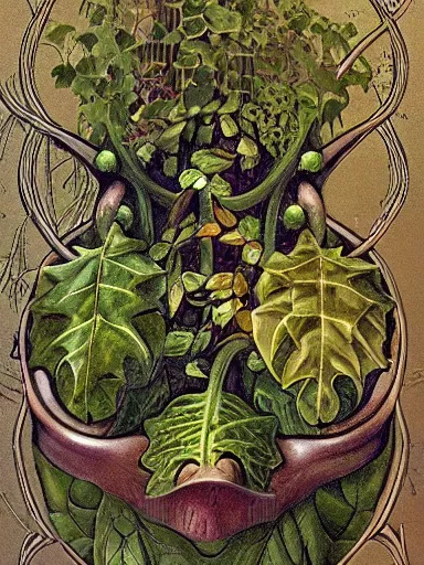 Prompt: The Hanging-Gardens of Pareidolia, ivy, verbena and pothos growing facial features and optical-illusions!!!!!, aesthetic, by Gerald Brom in the style of Johfra Bosschart in the style of,