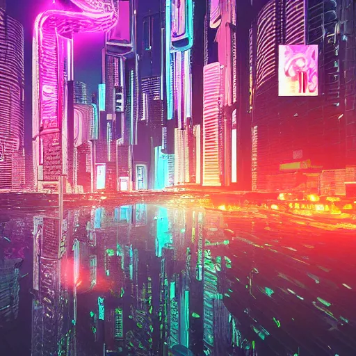 Prompt: a generactive design of city's neon night, metaballs, fluids, post cyberpunk