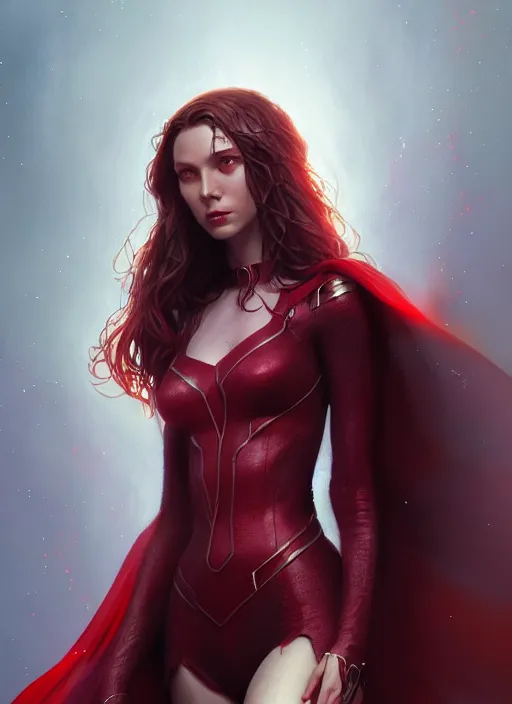 Image similar to Scarlet Witch, full body portrait, hyper detailed, digital art, trending in artstation, cinematic lighting, studio quality, smooth render, unreal engine 5 rendered, octane rendered, illustration, art by wlop and klimt and krenz cushart