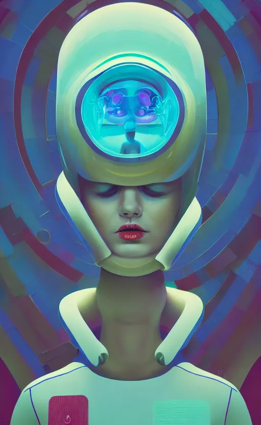 Image similar to portrait of a girl wearing very super tight latex dress and wearing a futuristic helmet by Petros Afshar and Beeple, James Gilleard, Mark Ryden, Wolfgang Lettl highly detailed