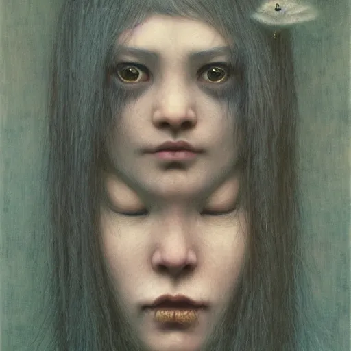 Image similar to by waterhouse, ( ( ( ( ( ( ( by beksinski ) ) ) ) ) ) ), high quality, picture portrait of a victorian yokai, haunting, photorealism, hyper - realism, octane render, highly detailed, 8 k,