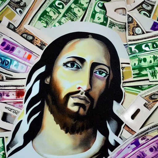 Prompt: painting of Jesus in the style of Alec monopoly, raining money