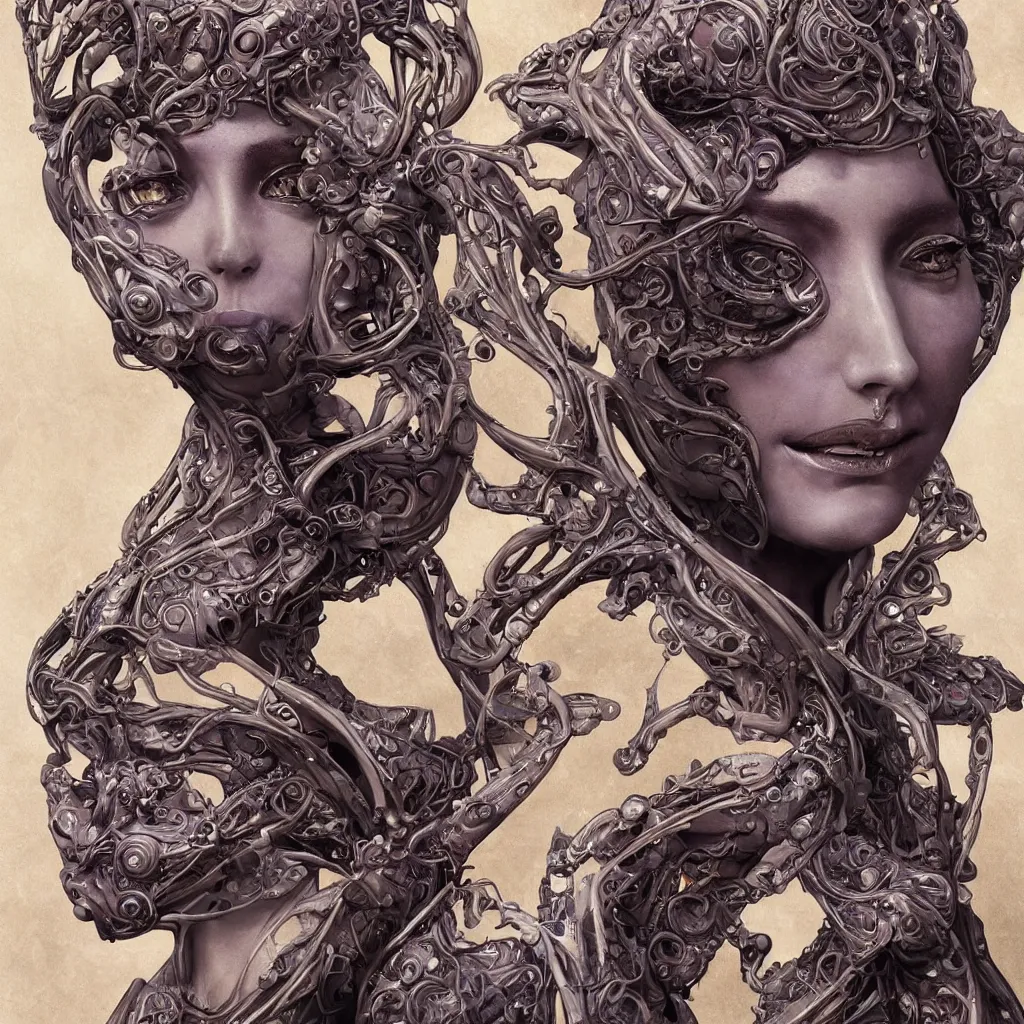 Image similar to a stunning art nouveau bust portrait of a beautiful and complex alien queen with strong confident eyes and a playful smile, sensual frontal declotage, perfect symmetrical facial features, extremely hyperdetailed, mixed media painting, unreal engine, 8 k, octane, 8 mm, by travis charest, chris achilleos and olivia de bernardinis