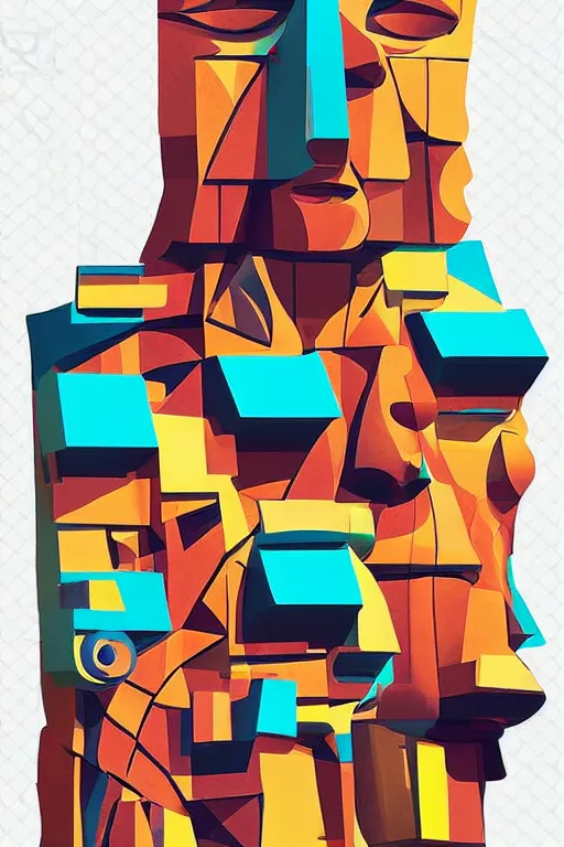 Image similar to cubist moai statue cutout digital illustration cartoon colorful beeple