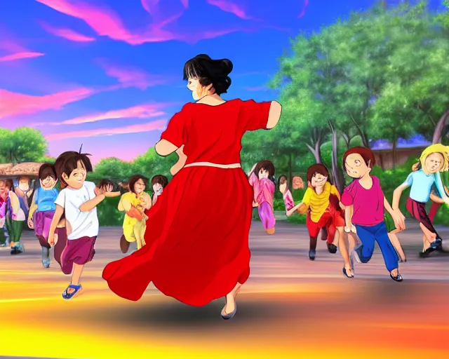 Image similar to Hispanic Granny In A Red MuMu Throwing A Slide Sandal At A Bunch Of Kids Running Away From Her, Anime Style, Manga Style, 8K, HDR, San Antonio Texas Cityscape Sunset, HDR, volumetric lighting, Hyperrealistic-H 960