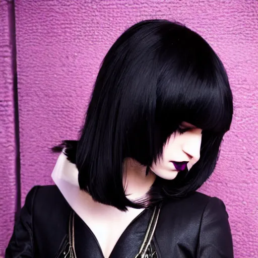 Image similar to Pale-skinned Persian girl, black hime cut hair, long bob cut hair, purple eyes, gothic jacket, mysterious girl, photograph