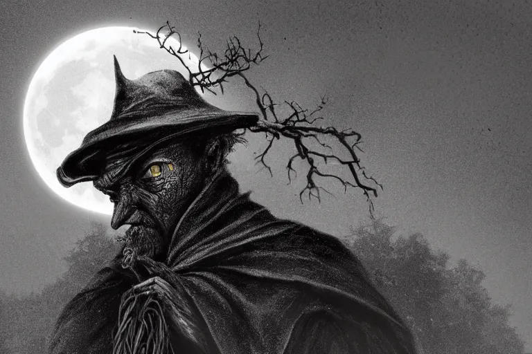 Prompt: a blind old wizard in a pointed hat, dark night, full moon, extreme close up, crows on the oak tree, highly detailed digital art, photorealistic