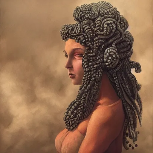 Prompt: Gorgon Medusa is an American cheerleader with pom poms in a dimly lit locker room, detailed painting, Jana Brike art, beautiful composition, highly detailed illustration, masterpiece, dramatic lighting, volumetric haze 8k