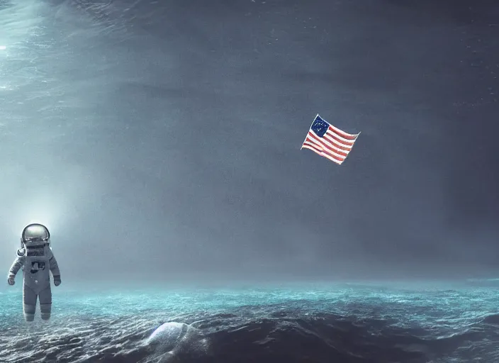 Prompt: astronaut underwater putting a flag in the sand of the bottom of the ocean. the remains of a futuristic submarine are visible in the distance. dark, concept art, cinematic, dramatic, atmospheric, 8 k, trending on artstation, low visibility, fog, ocean floor, zack snyder