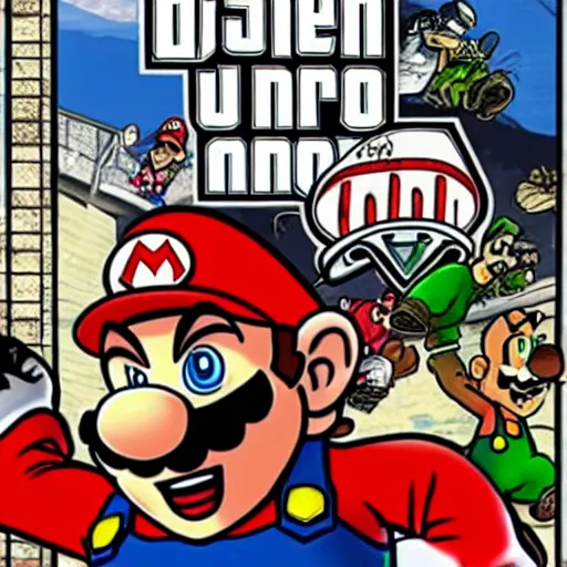 Image similar to Super Mario in GTA V, Cover art by Stephen Bliss, Boxart, loading screen