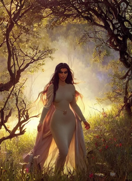 Prompt: Kim Kardashhian as a elf on a beutiful meadow, afternoon, art by Artgerm and Greg Rutkowski and Alphonse Mucha, DAZ, hyperrealistic, ambient light, dynamic light