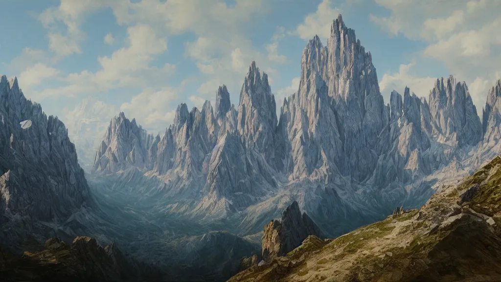 Prompt: Trending on artstation, beautiful Mountains, Dolomites, detailed matte painting, oil on canvas