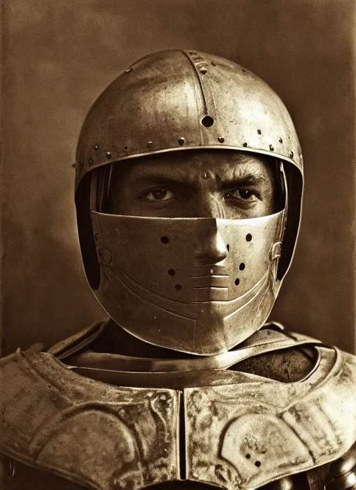 Prompt: close - up portrait athenian warrior with helmet and armor, art by august sander