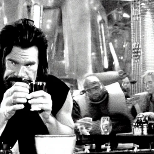 Image similar to deleted scene from Big trouble in little China, cinematic still, Jack Burton drinking beer, amazing shot
