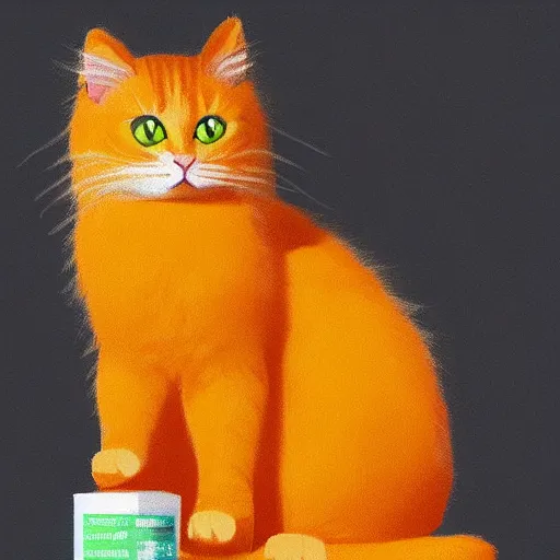 Prompt: a fluffy cat standing next to a bottle of medicine. orange cat. the cat was in a room with yellow background color. animal. digital art. artstation. realistic, vibrant, illustration.