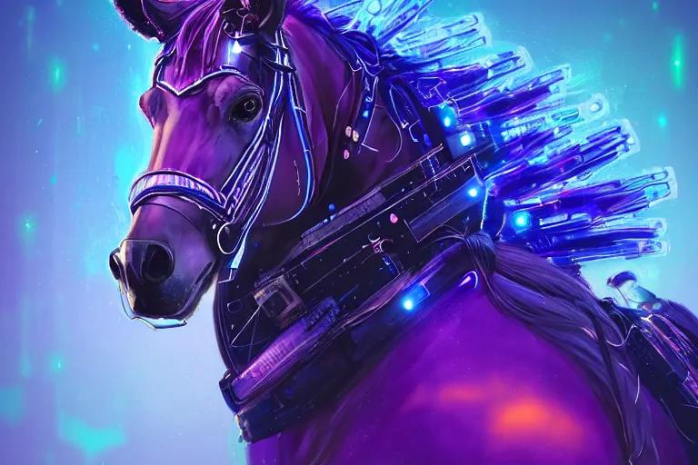 Image similar to a beautiful full body portrait of a cute cyberpunk horse with bioluminescent mane by sandra chevrier and greg rutkowski and wlop, purple blue color scheme, vaporware, retro, outrun, high key lighting, volumetric light, digital art, highly detailed, fine detail, intricate, ornate, complex, octane render, unreal engine, photorealistic