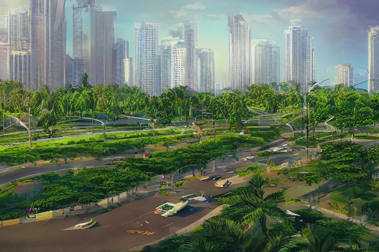 Image similar to manila baywalk, wide, green, many activities, clean, linear park, concept art, artstation