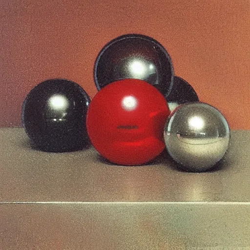 Prompt: chrome spheres on a red cube by paul delaroche