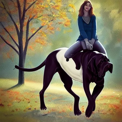 Image similar to girl riding a great Dane in the park, trending on artstation