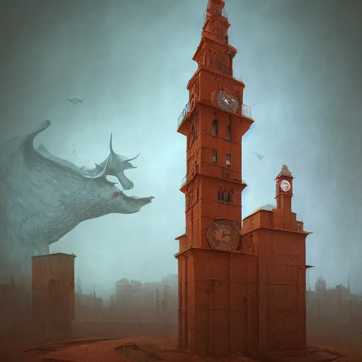 Image similar to a beautiful painting of a clock tower by zdzisław beksinski, greg rutkowski, in style of digital art. hyper detailed. octane render. maya. ray tracing. trending on artstation