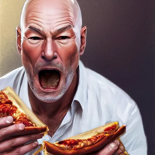 Image similar to portrait of Patrick Stewart opening his mouth to eat pizza, highly detailed, digital painting, artstation, concept art, sharp focus, illustration, art by artgerm and greg rutkowski and alphonse mucha