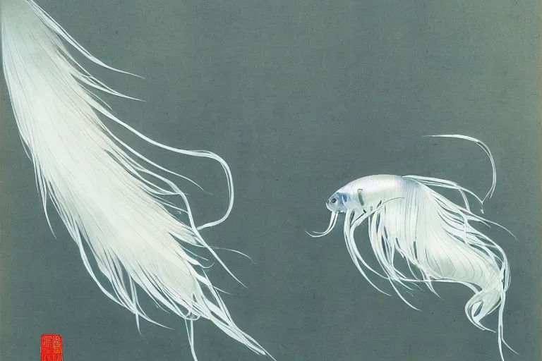 Prompt: a graceful iridescent white betta fish with long swirling fins, black-water-background, traditional Chinese painting