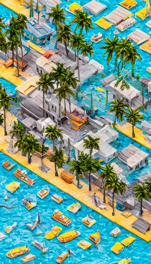 Image similar to fishing village, palm trees, stormy water, isometric view, tilt shift, highly detailed, hyper realistic, 1 0 0 mm