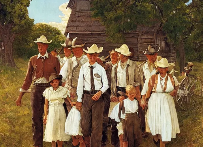 Image similar to mormon pioneers by norman rockwell, highly detailed