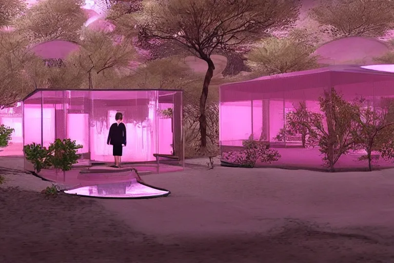 Image similar to desert oasis in a translucent pink casing electronic environment, ps 3 screenshot, still from a kiyoshi kurosawa movie, sanrio core