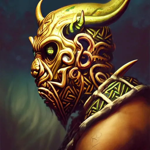 Image similar to side profile of barong family member, wiwek, mara demon, one single tribe member, jungle, one single mask, dark, ancient viking warrior, ninja, tribal, inner glow, paint by peter mohrbacher