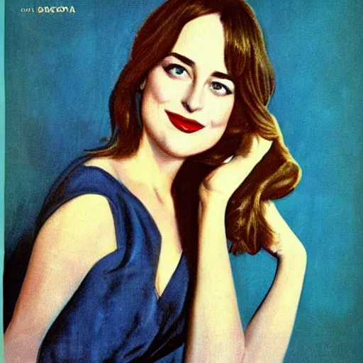 Prompt: “Dakota Johnson portrait, color vintage magazine illustration 1950”