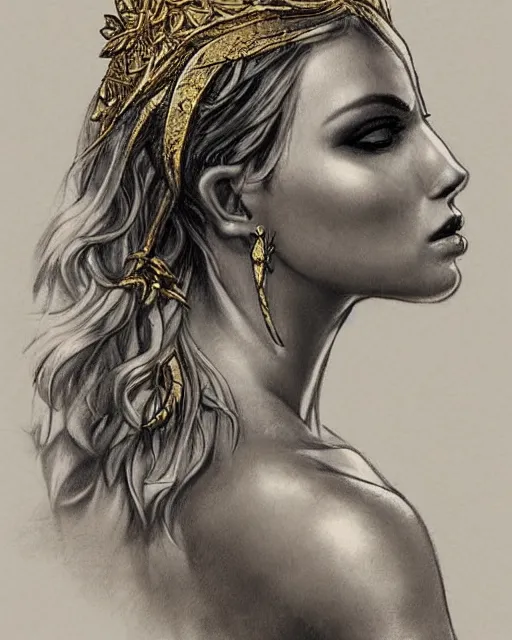 Prompt: tattoo sketch of hot blonde super model as aphrodite the greek goddess wearing a gold laurel wreath and triangle earrings, beautiful piercing gaze with sharp pupils, in the style of greg rutkowski, fantasy, amazing detail, epic, elegant, smooth, sharp focus, front view