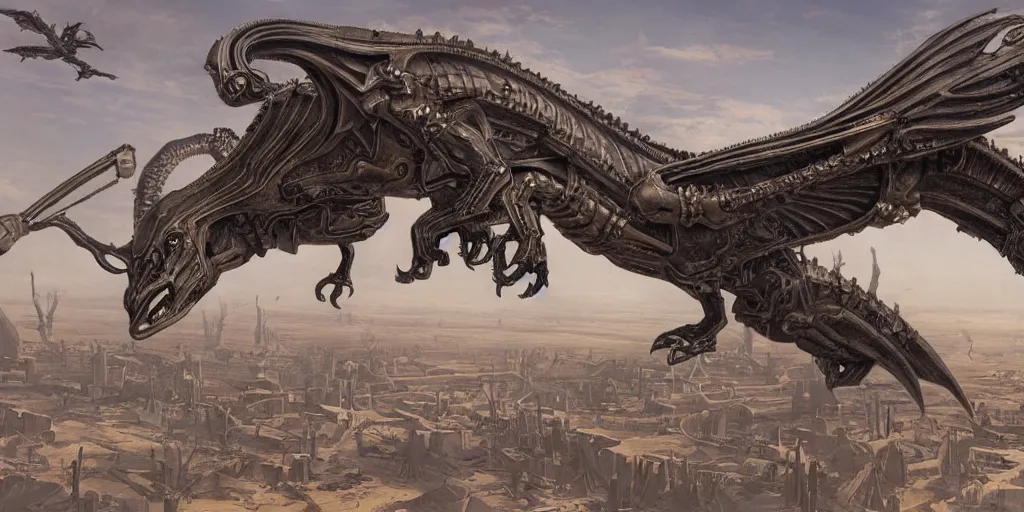 Image similar to giger steampunk wyvern flying over huge desert city, in style of federico pelat greg rutkowski